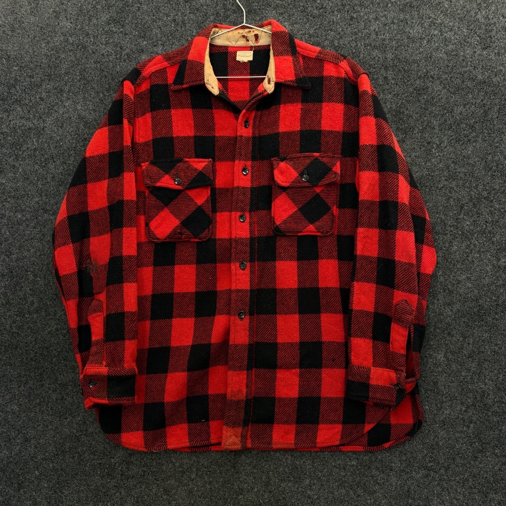 Vintage 1930s Penneys Towncraft Wool Plaid Flannel Shirt Gussets Red Black Mens